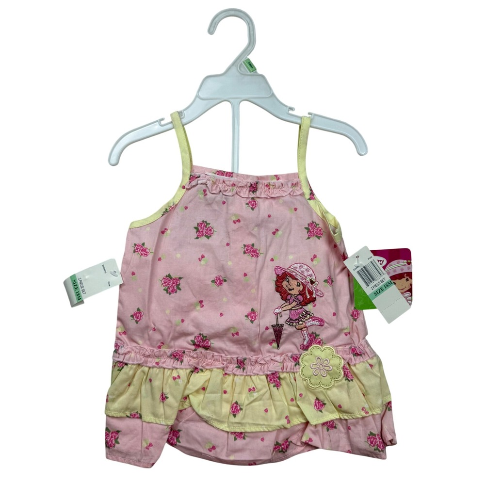VTG Y2K Strawberry Shortcake Girls 2 Piece Top and Bloomers Set Rose Print 18M